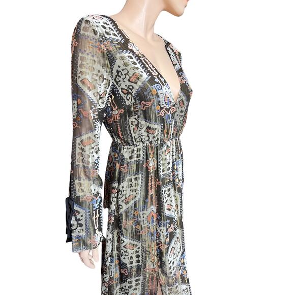 Topshop Metallic Devore Plunge Neck Skater Dress Size 4 Long Sleeves V Neckline - Picture 10 of 16